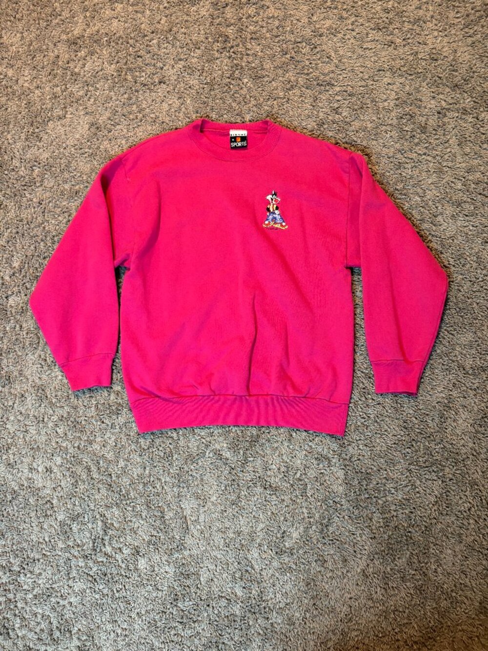 Vintage Sylvester Looney Tunes Embroidered Crewneck Sweatshirt | Pink | XL